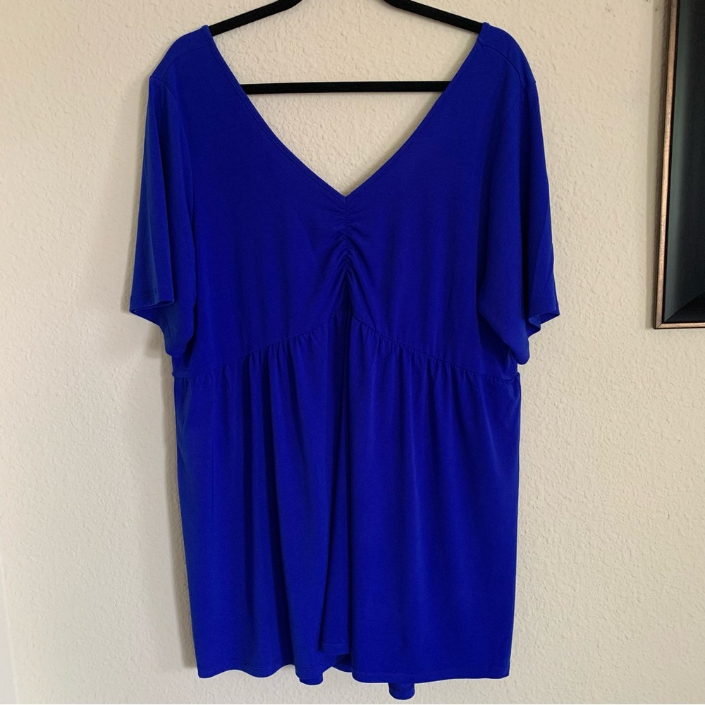 💙 Torrid Cobalt Ruched Chest Detail V Neck Short Sleeve Blouse Size 3